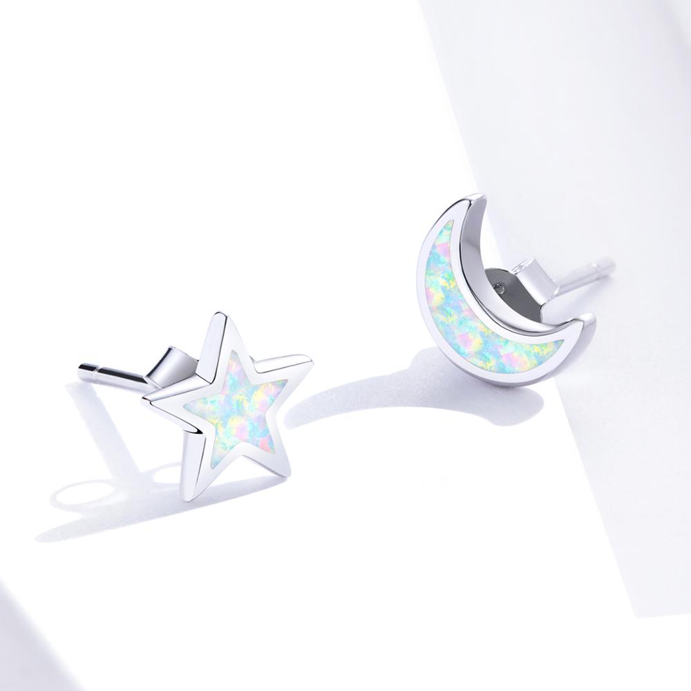 Sterling Silver Moon & Star Opal Stud Hypoallergenic Earrings