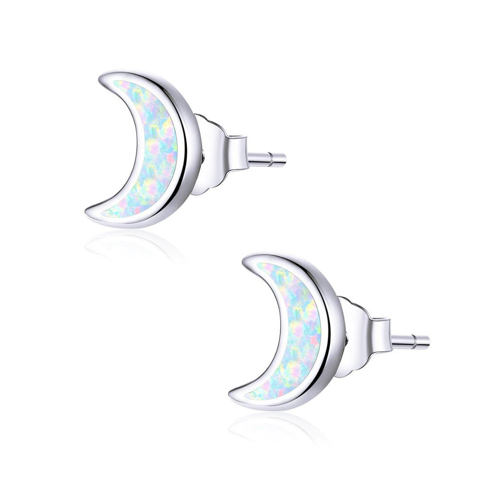 Sterling Silver Moon & Star Opal Stud Hypoallergenic Earrings