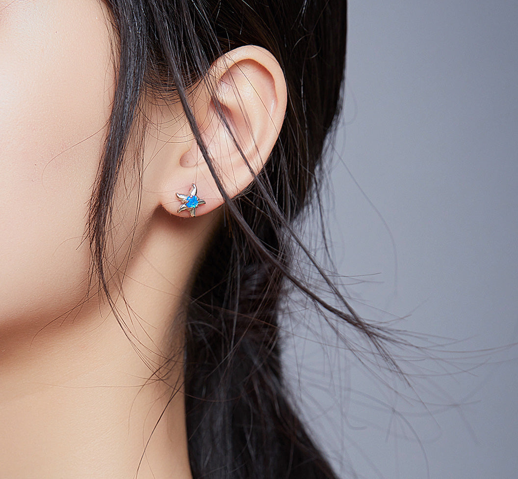 Sterling Silver Starfish Blue Opal Stud Hypoallergenic Earrings