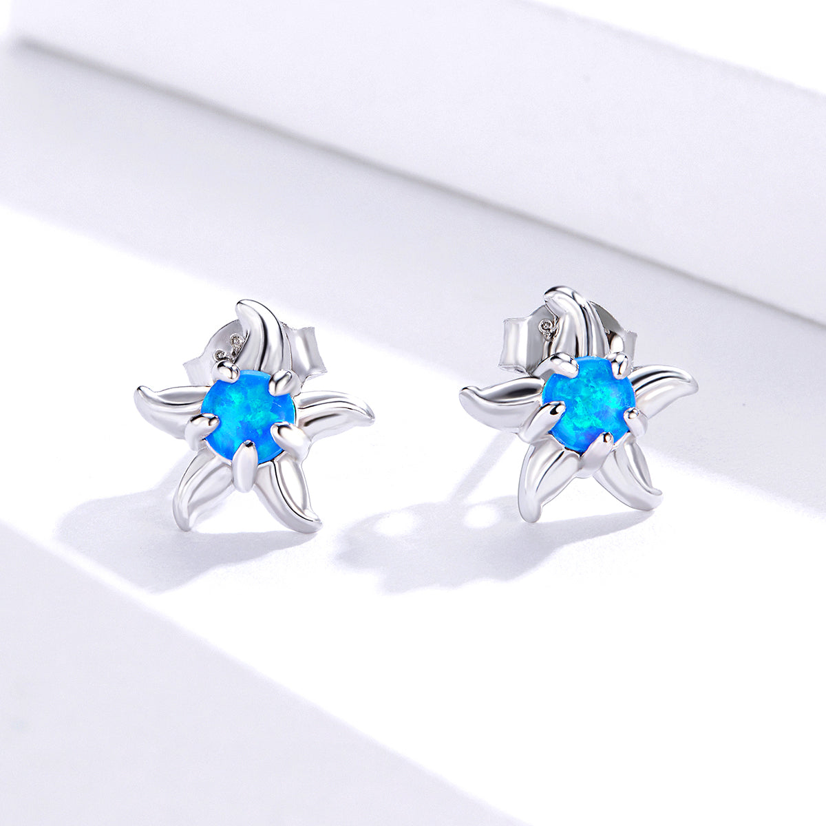 Sterling Silver Starfish Blue Opal Stud Hypoallergenic Earrings