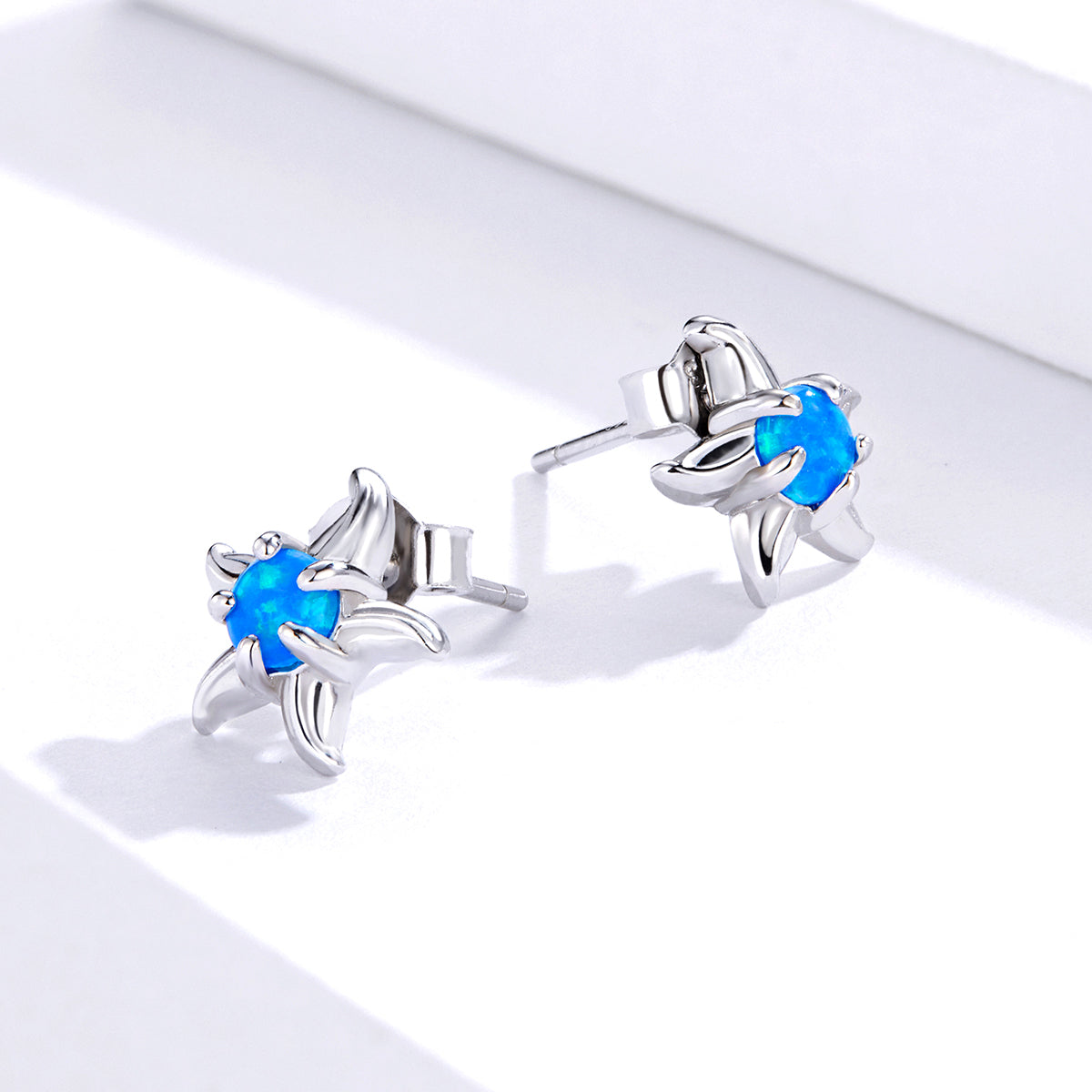 Sterling Silver Starfish Blue Opal Stud Hypoallergenic Earrings