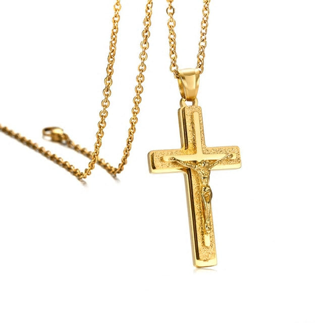 Stainless Steel Jesus Triple Crucifix Necklace