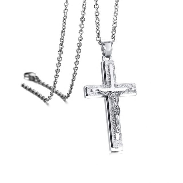 Stainless Steel Jesus Triple Crucifix Necklace