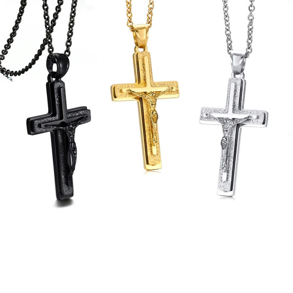 Stainless Steel Jesus Triple Crucifix Necklace