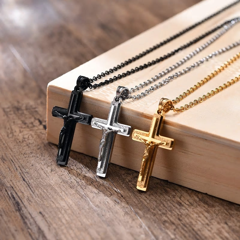 Stainless Steel Jesus Triple Crucifix Necklace