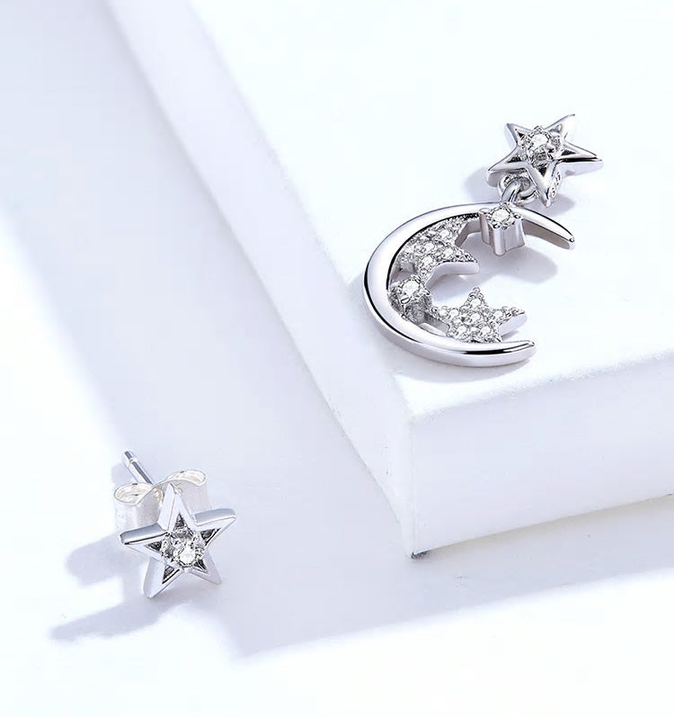Sterling Silver Starry Moon Stud Hypoallergenic Earrings