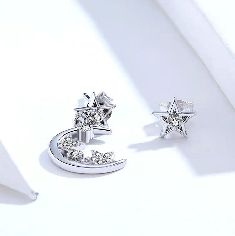 Sterling Silver Starry Moon Stud Hypoallergenic Earrings