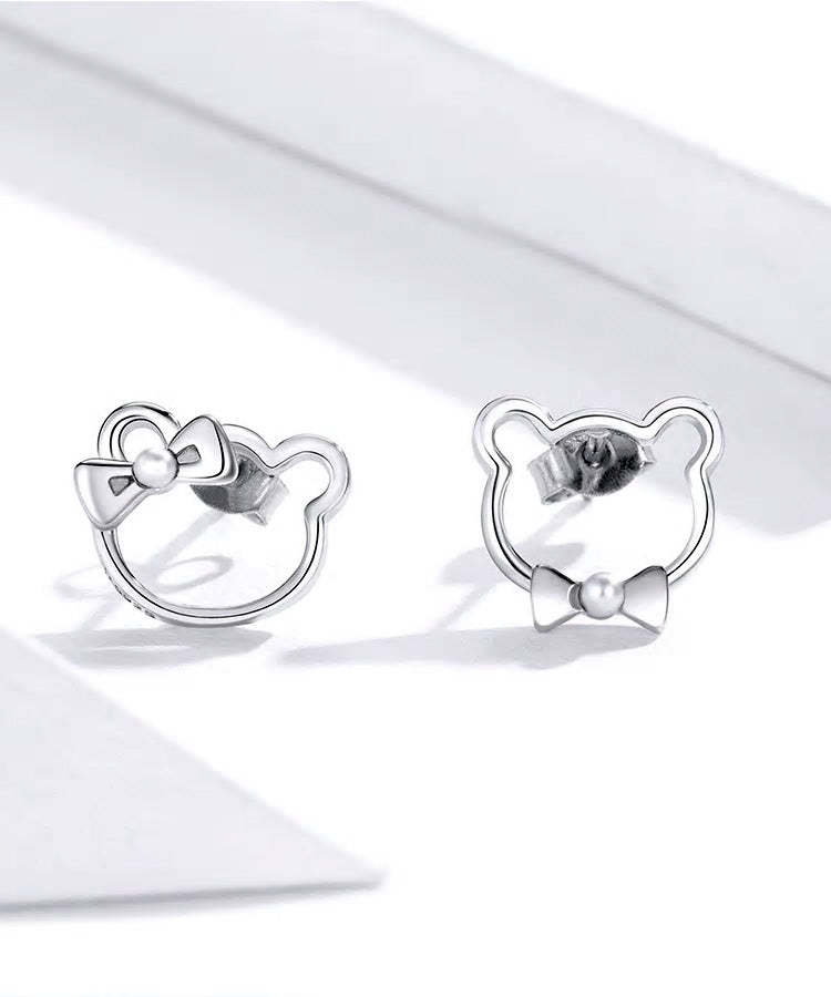 Sterling Silver Cute Bear Stud Hypoallergenic Earrings