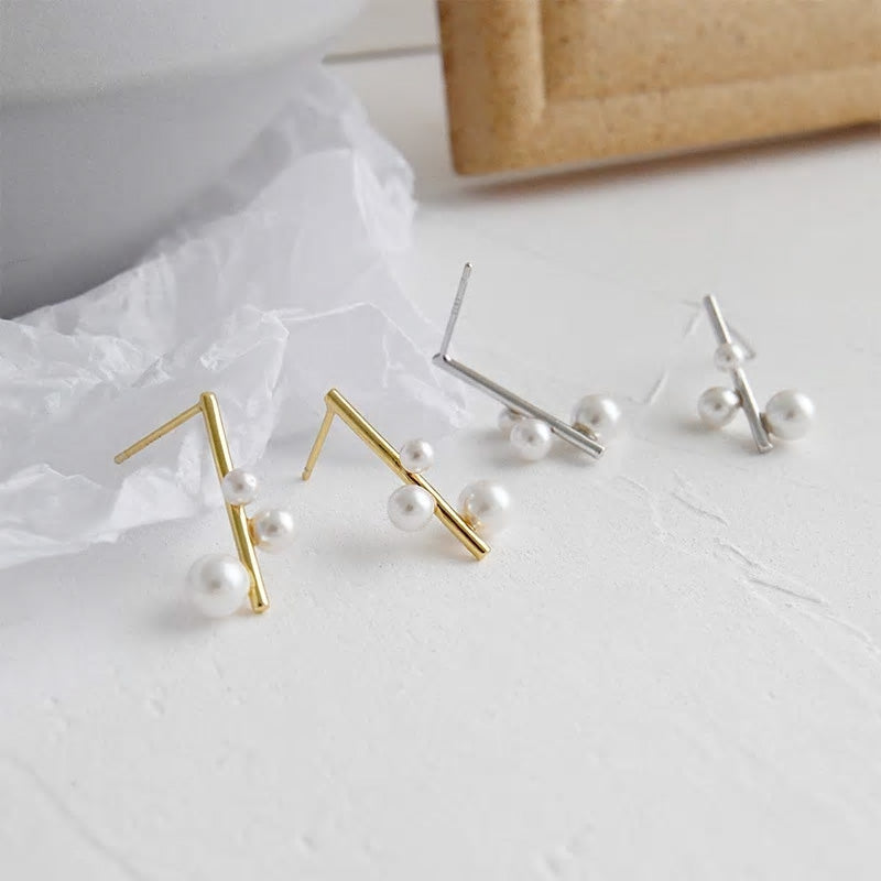 Sterling Silver Geometric Pearl Eardrops Stud Hypoallergenic Earrings - Various