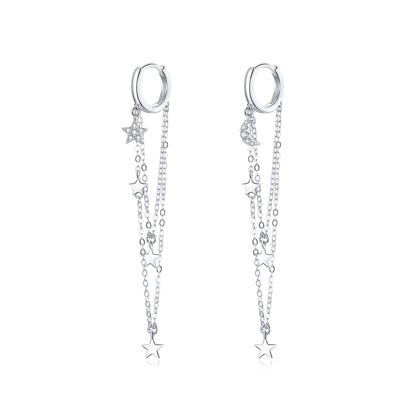 Sterling Silver Starry Sky Long Chain Huggies Hypoallergenic Earrings