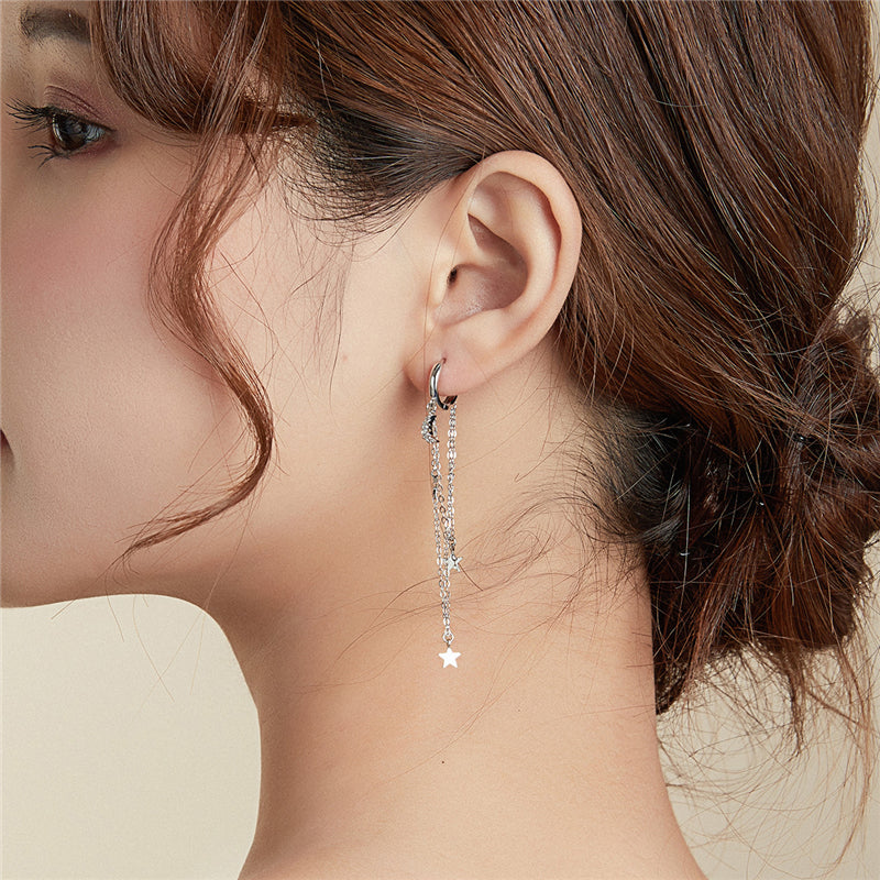 Sterling Silver Starry Sky Long Chain Huggies Hypoallergenic Earrings