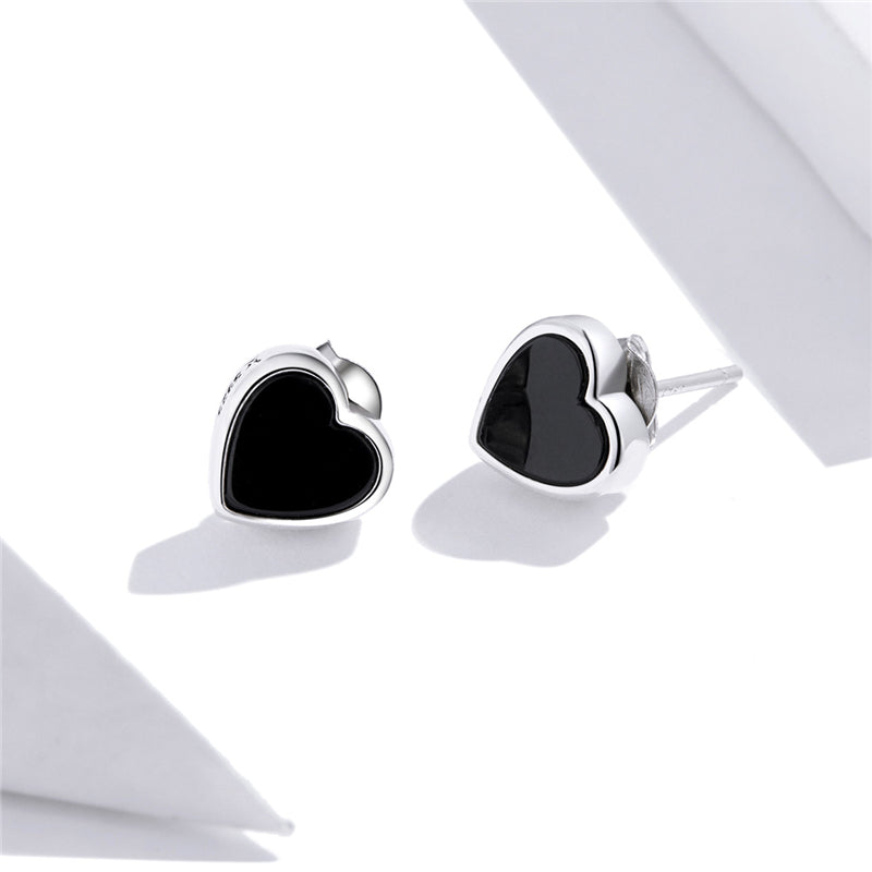 Sterling Silver Black Agate Heart Stud Hypoallergenic Earrings