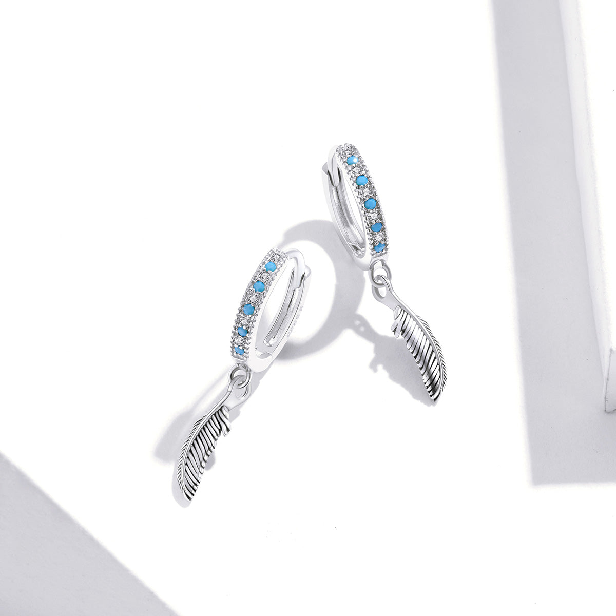 Sterling Silver Bright Feather Drop Huggie Hypoallergenic Earrings