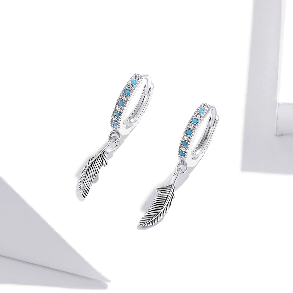 Sterling Silver Bright Feather Drop Huggie Hypoallergenic Earrings