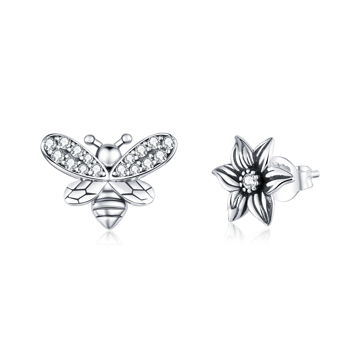 Sterling Silver Bee & Flower Stud Hypoallergenic Earrings