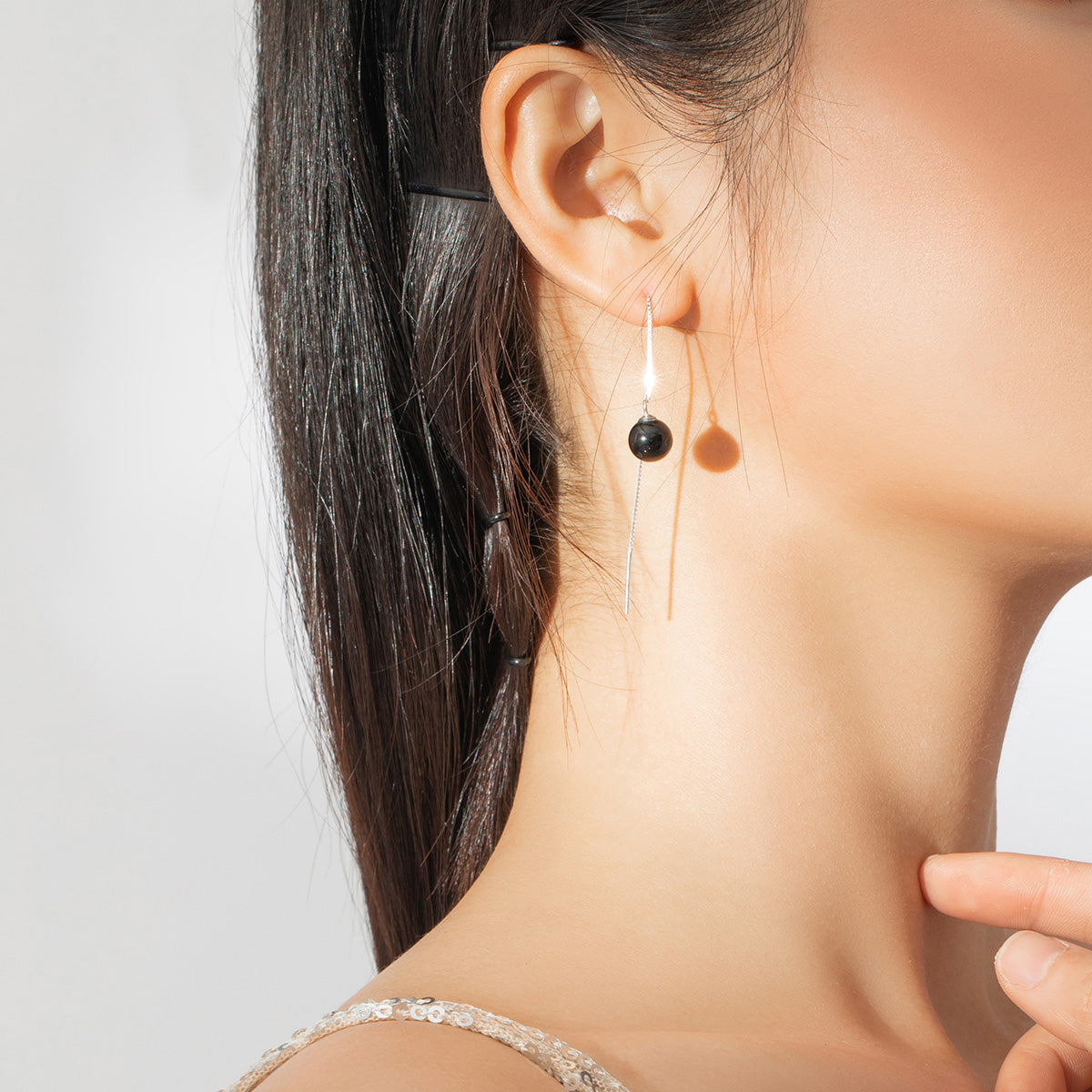 Sterling Silver Black Agate Stone Bead Threader Hypoallergenic Earrings