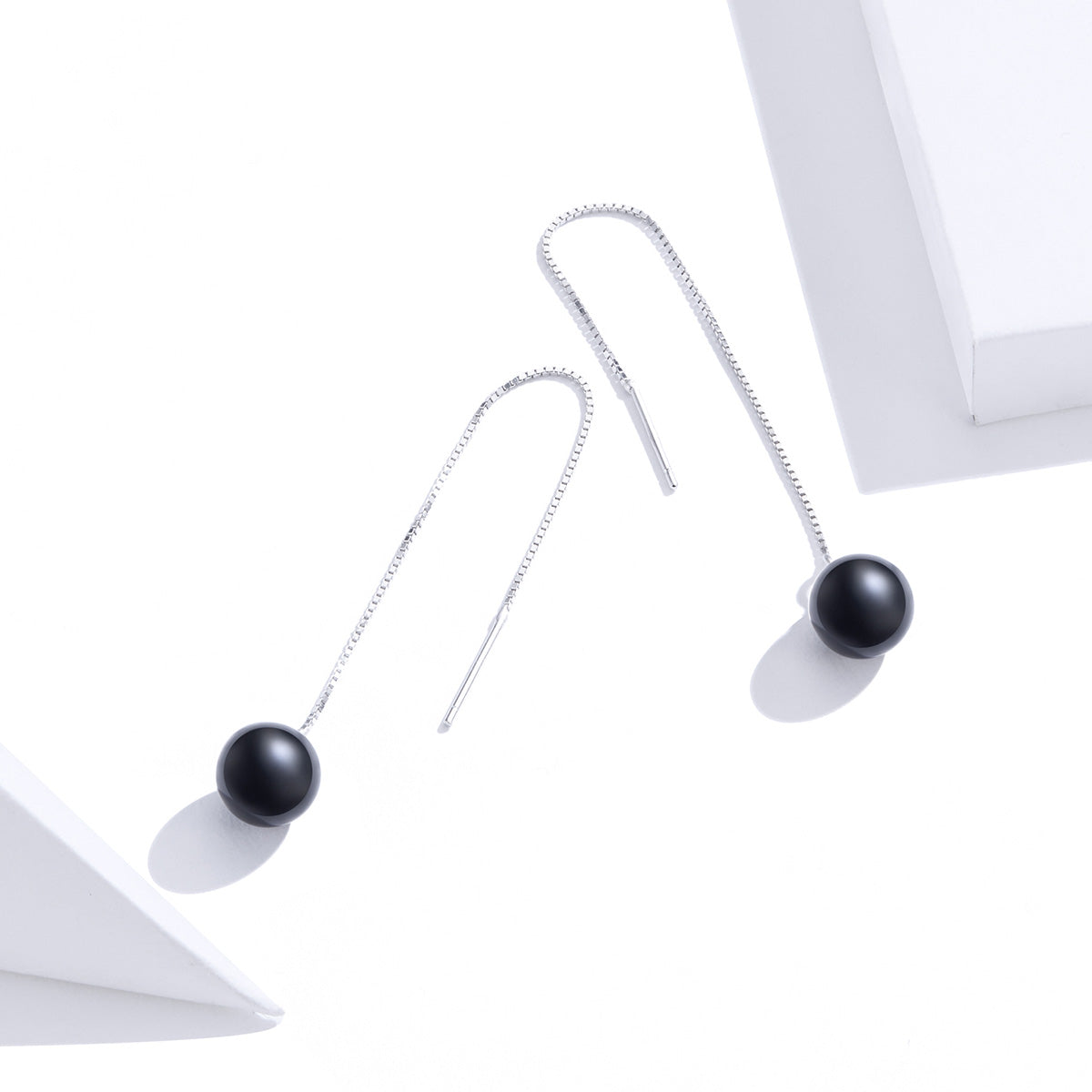 Sterling Silver Black Agate Stone Bead Threader Hypoallergenic Earrings