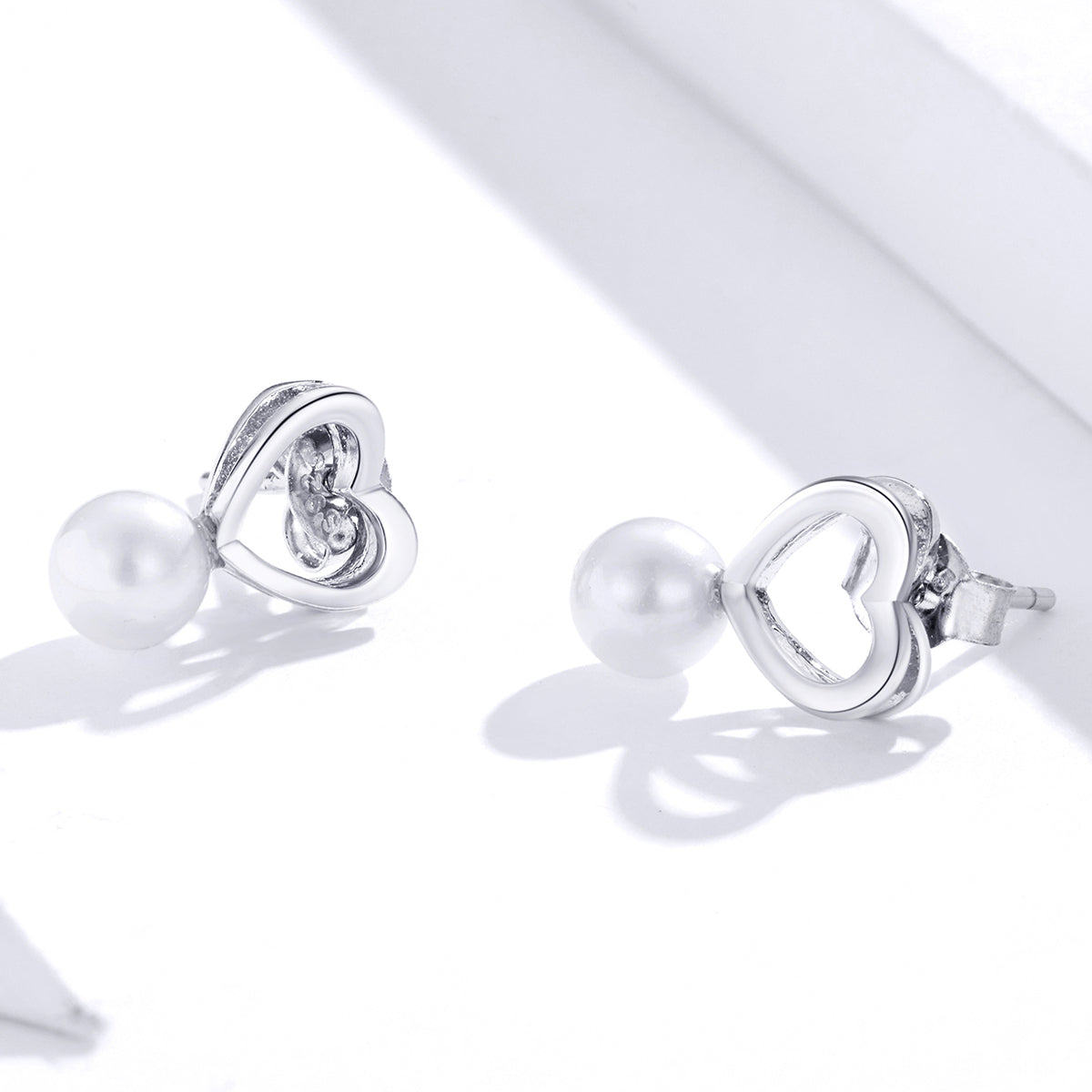 Sterling Silver Pearl Heart Stud Hypoallergenic Earrings