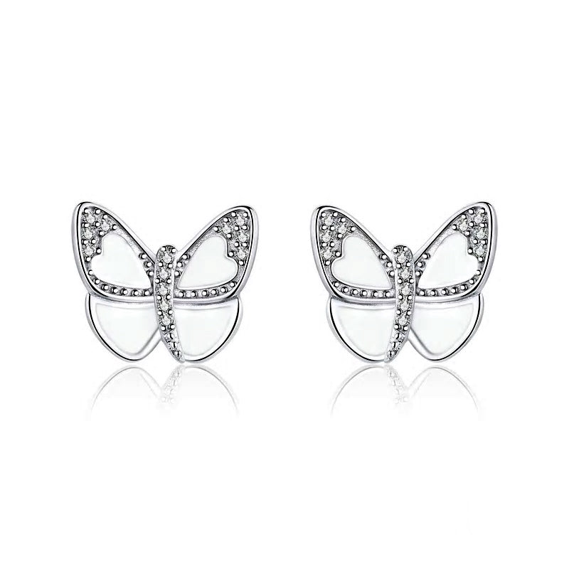Sterling Silver White Butterfly Stud Hypoallergenic Earrings