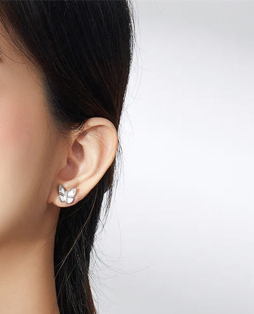 Sterling Silver White Butterfly Stud Hypoallergenic Earrings