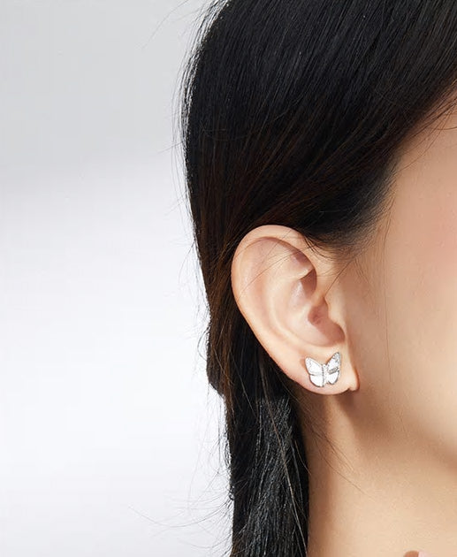 Sterling Silver White Butterfly Stud Hypoallergenic Earrings