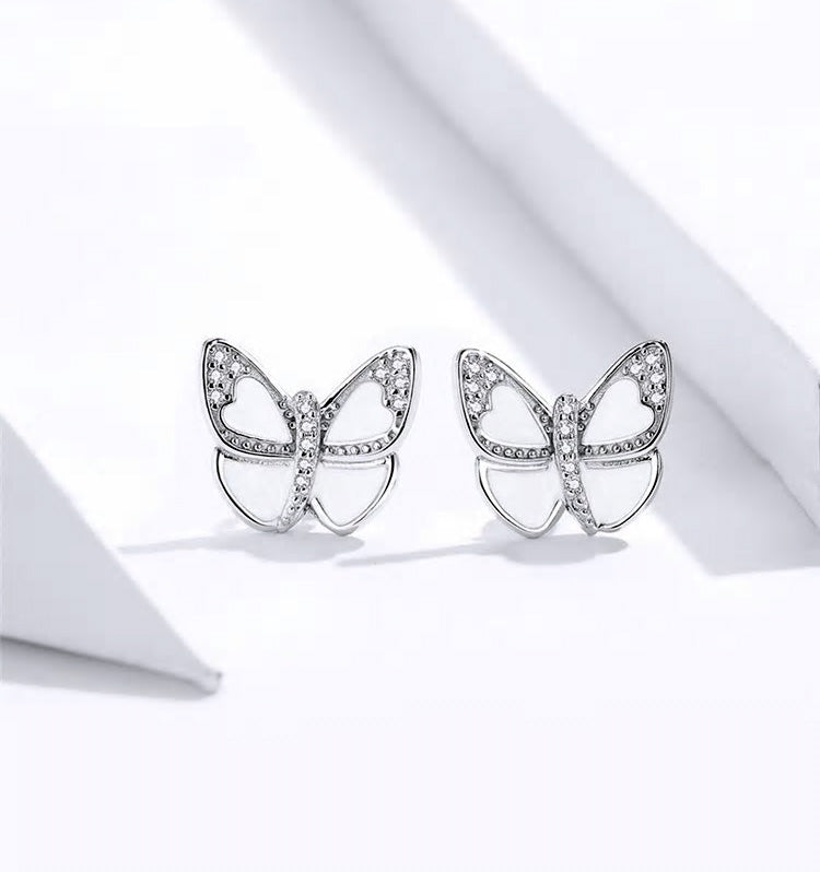 Sterling Silver White Butterfly Stud Hypoallergenic Earrings