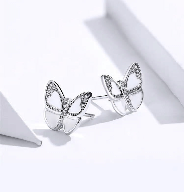 Sterling Silver White Butterfly Stud Hypoallergenic Earrings