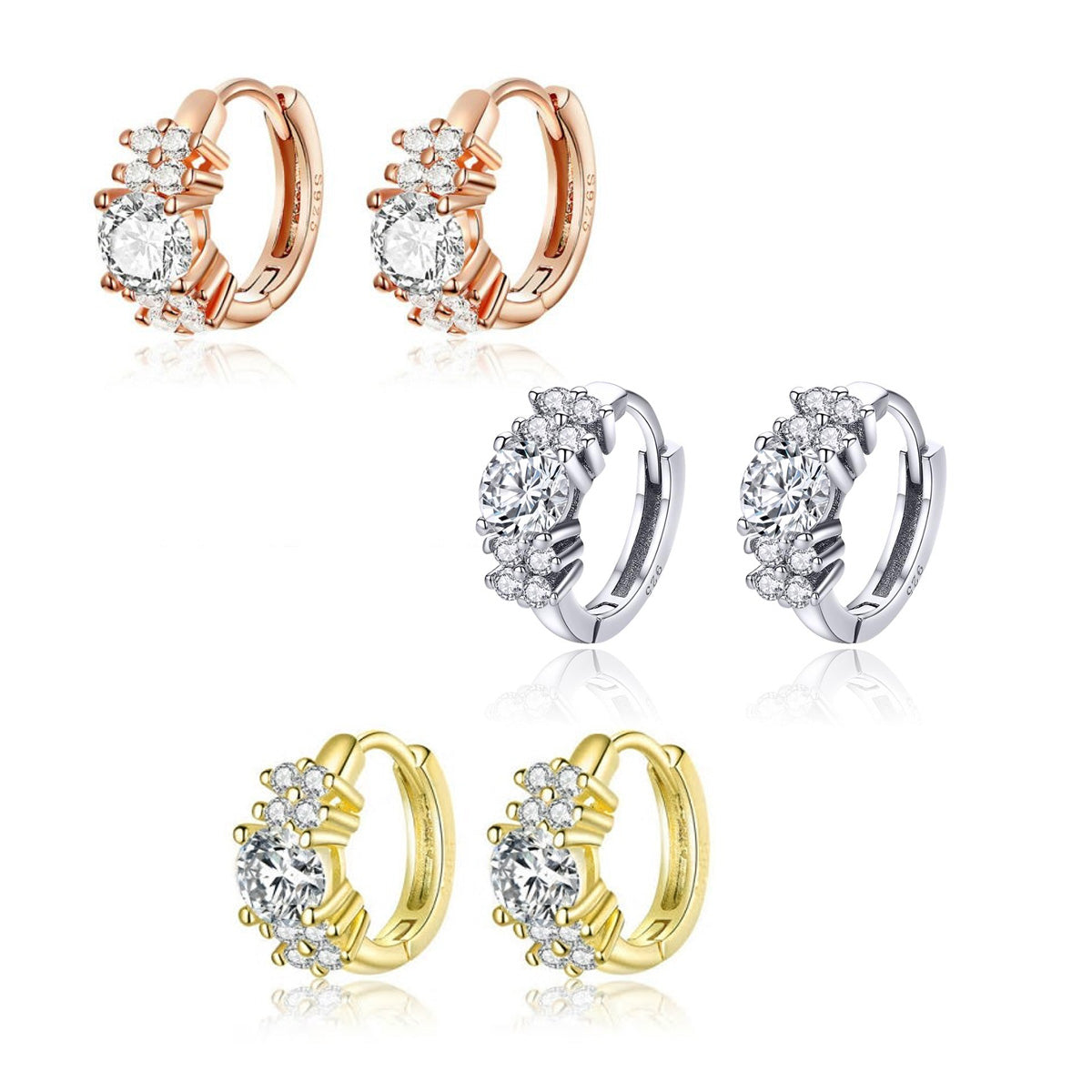 Sterling Silver Trinity Cubic Zirconia Cluster Huggie Hypoallergenic Earrings