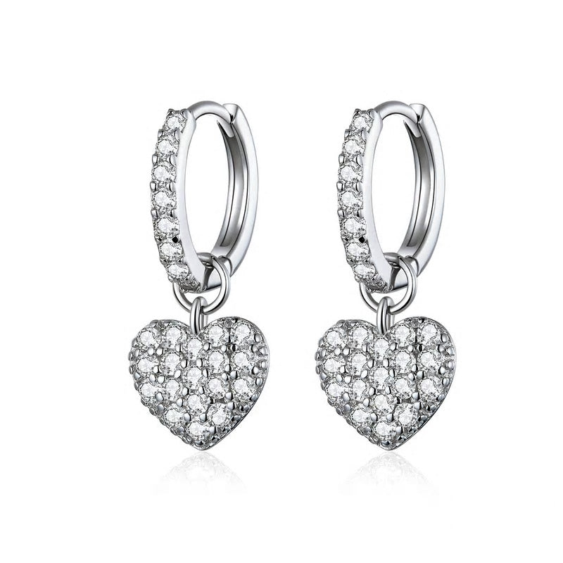 Sterling Silver Icy Heart Huggie Drop Hypoallergenic Earrings