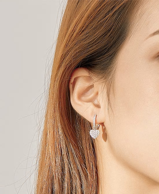 Sterling Silver Icy Heart Huggie Drop Hypoallergenic Earrings