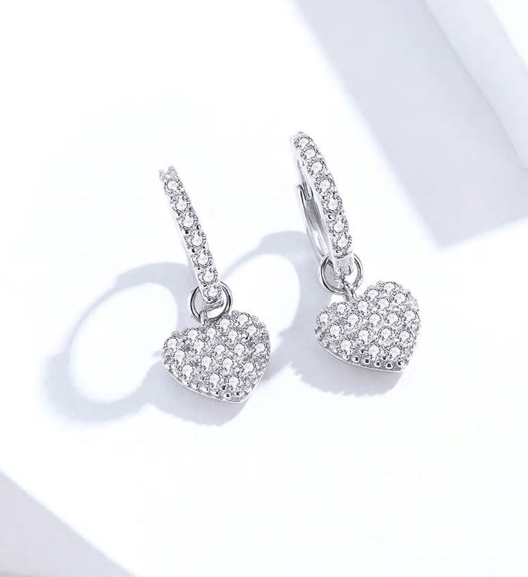 Sterling Silver Icy Heart Huggie Drop Hypoallergenic Earrings