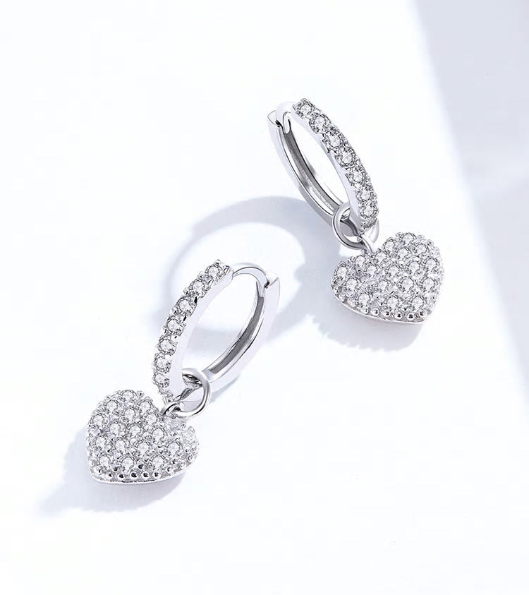 Sterling Silver Icy Heart Huggie Drop Hypoallergenic Earrings