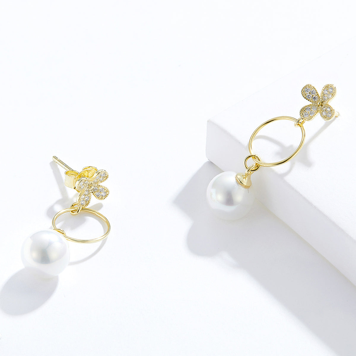 Sterling Silver Flower & Pearl Drop Stud Hypoallergenic Earrings
