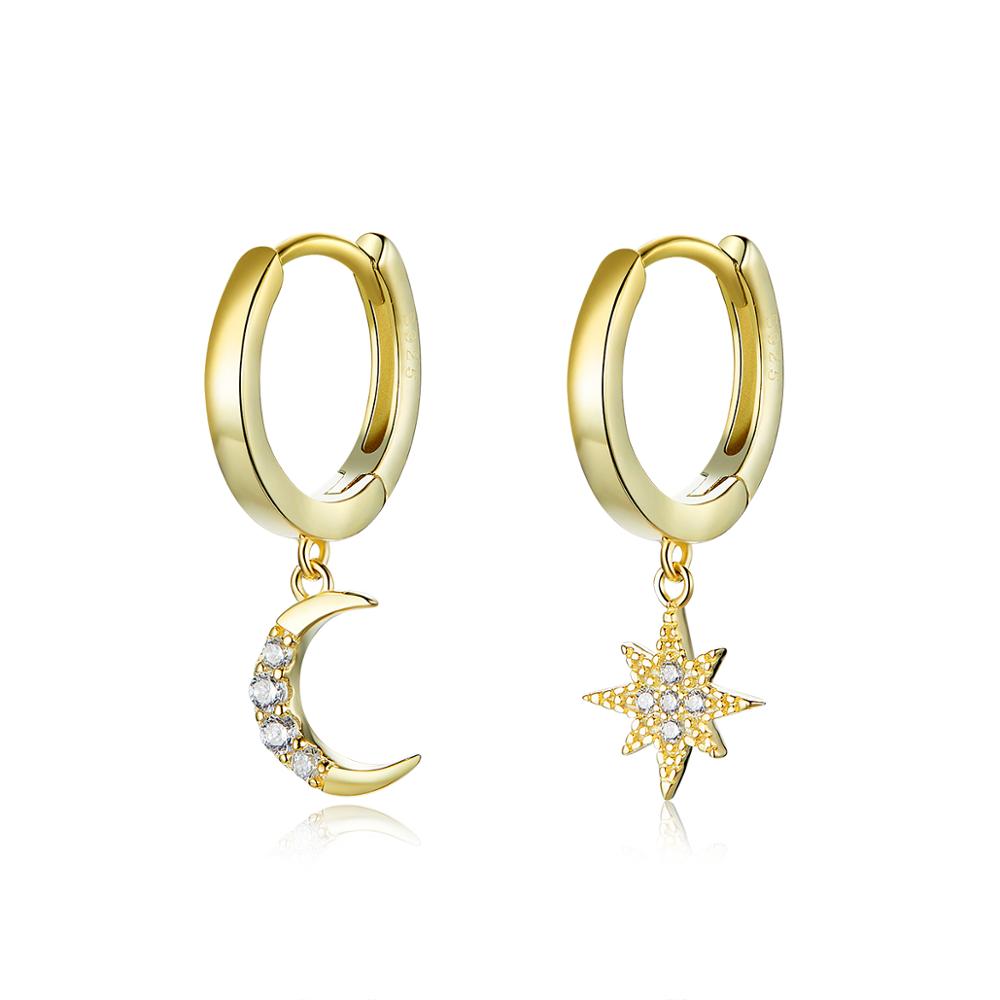 Sterling Silver Moon & Star Huggie Drop Hypoallergenic Earrings