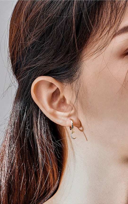 Sterling Silver Moon & Star Huggie Drop Hypoallergenic Earrings