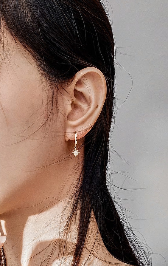 Sterling Silver Moon & Star Huggie Drop Hypoallergenic Earrings