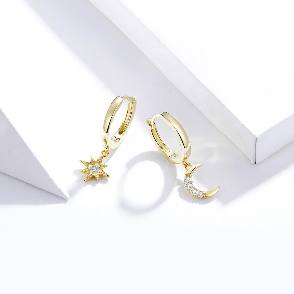 Sterling Silver Moon & Star Huggie Drop Hypoallergenic Earrings