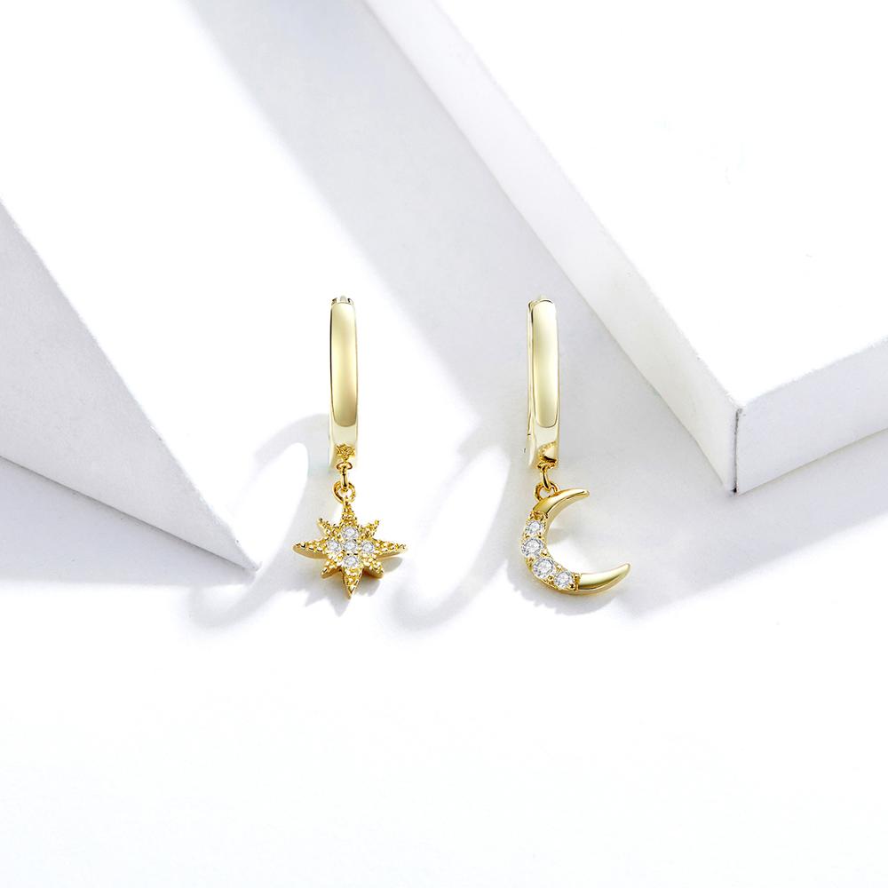 Sterling Silver Moon & Star Huggie Drop Hypoallergenic Earrings