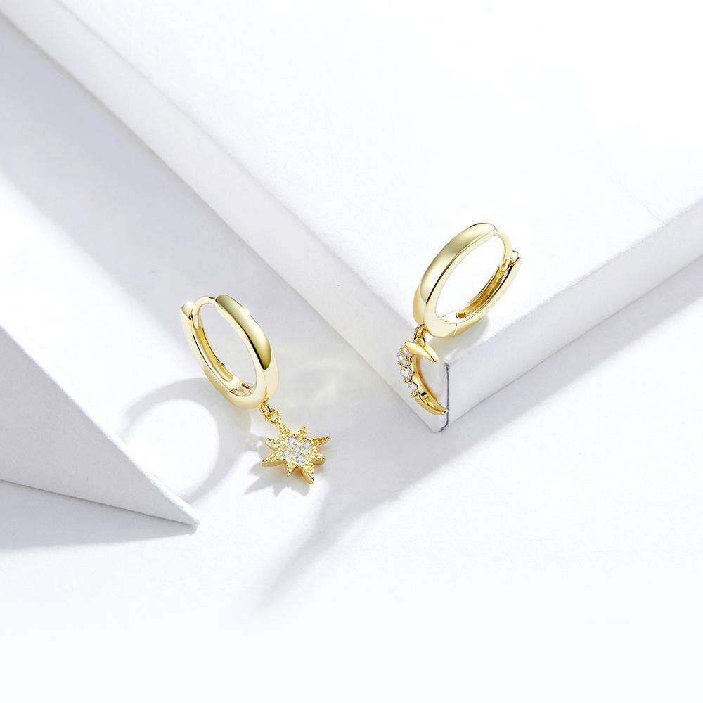 Sterling Silver Moon & Star Huggie Drop Hypoallergenic Earrings