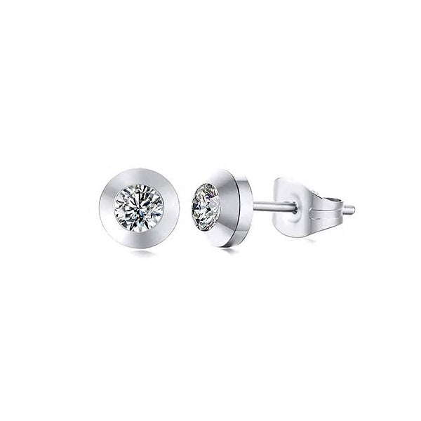 Stainless Steel Little Cubic Zirconia Round Stud Earrings