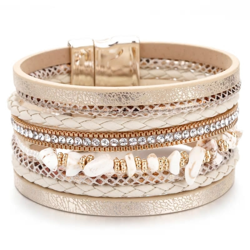Leather Natural Stone & Cubic Zirconia Multilayer Bracelet