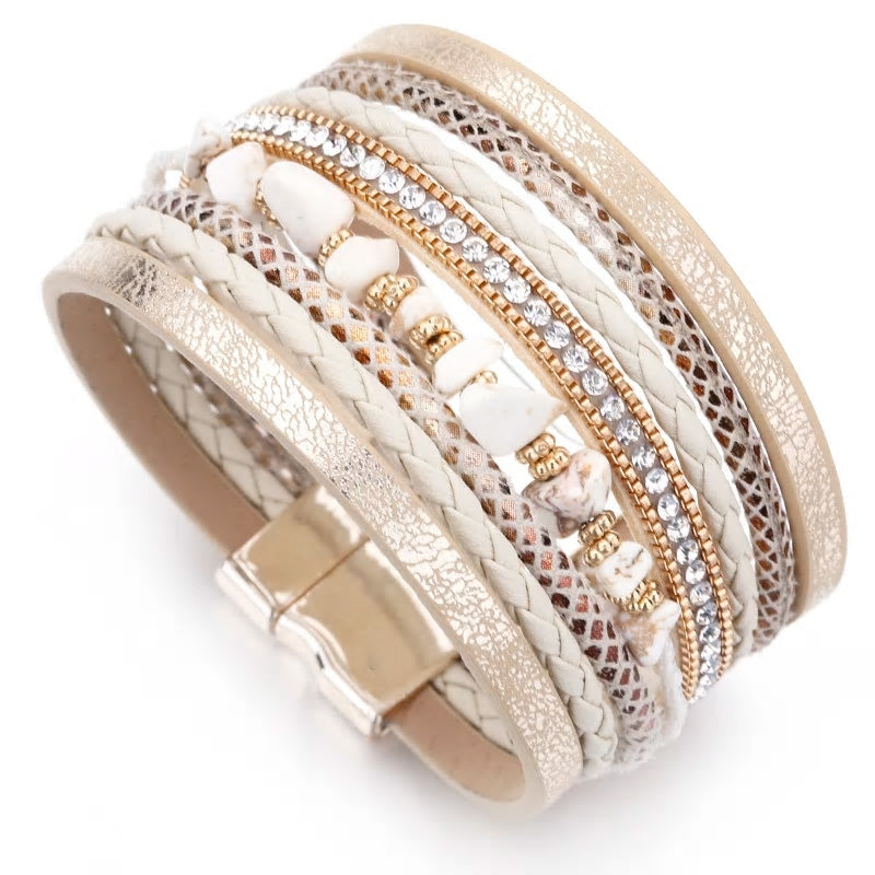 Leather Natural Stone & Cubic Zirconia Multilayer Bracelet