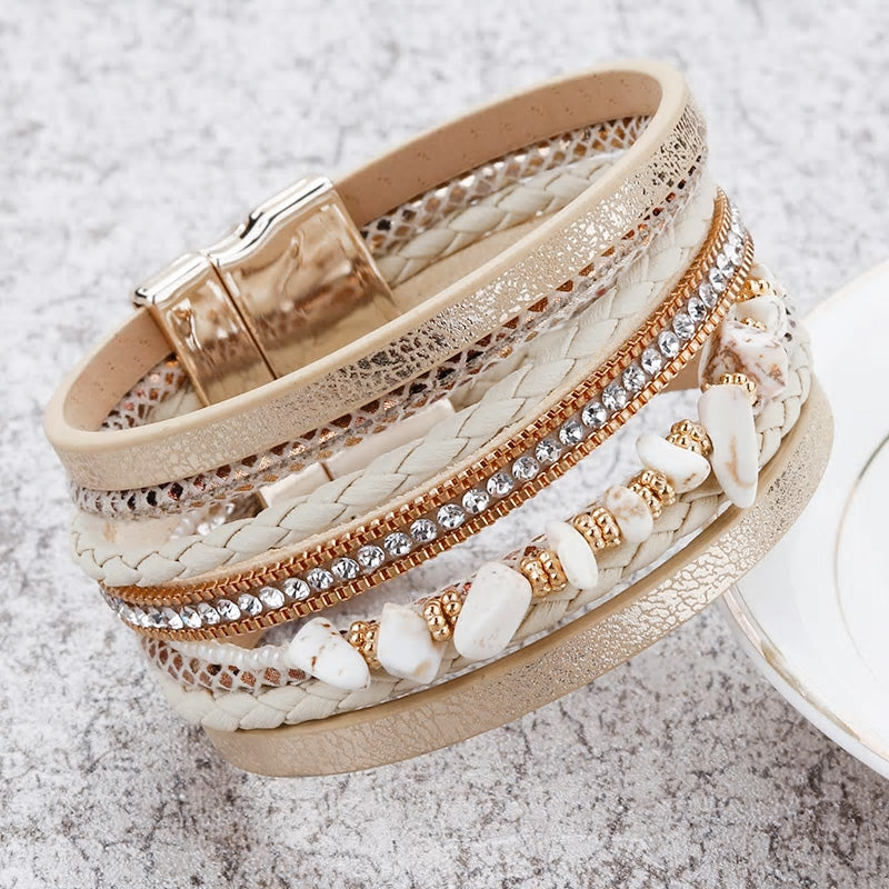 Leather Natural Stone & Cubic Zirconia Multilayer Bracelet