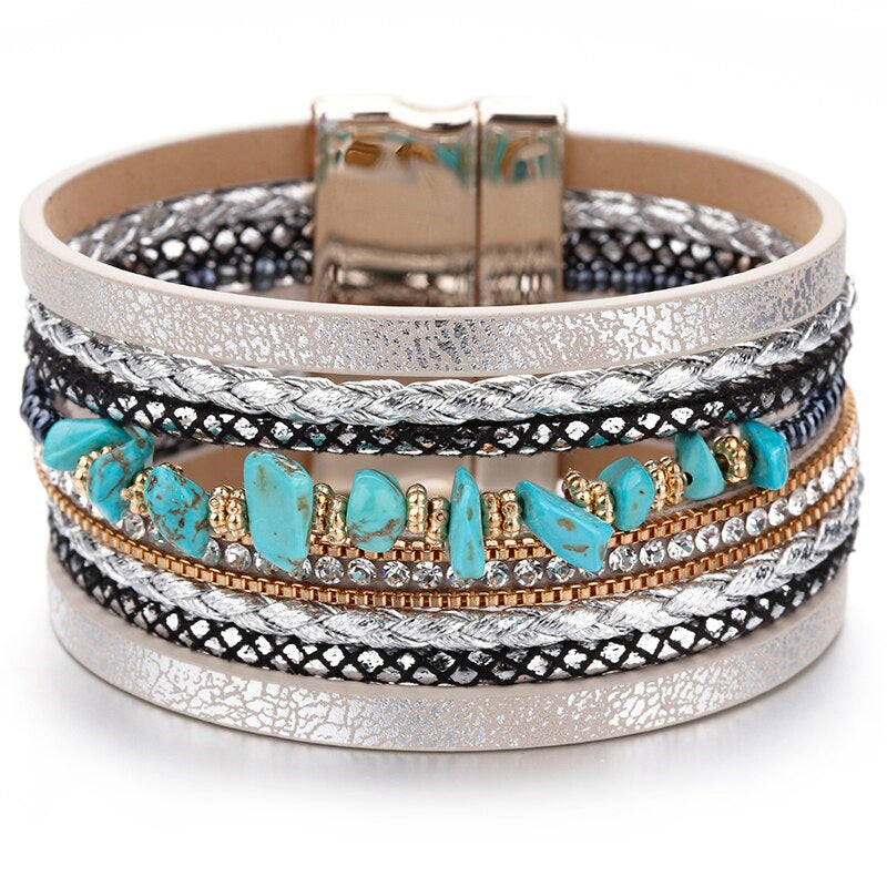 Leather Natural Stone & Cubic Zirconia Multilayer Bracelet