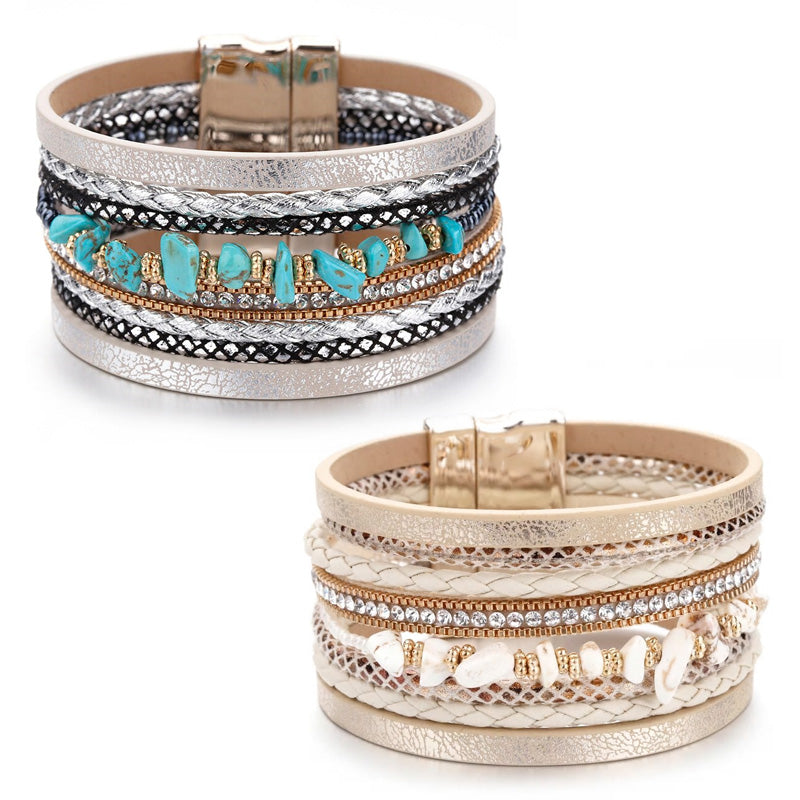 Leather Natural Stone & Cubic Zirconia Multilayer Bracelet