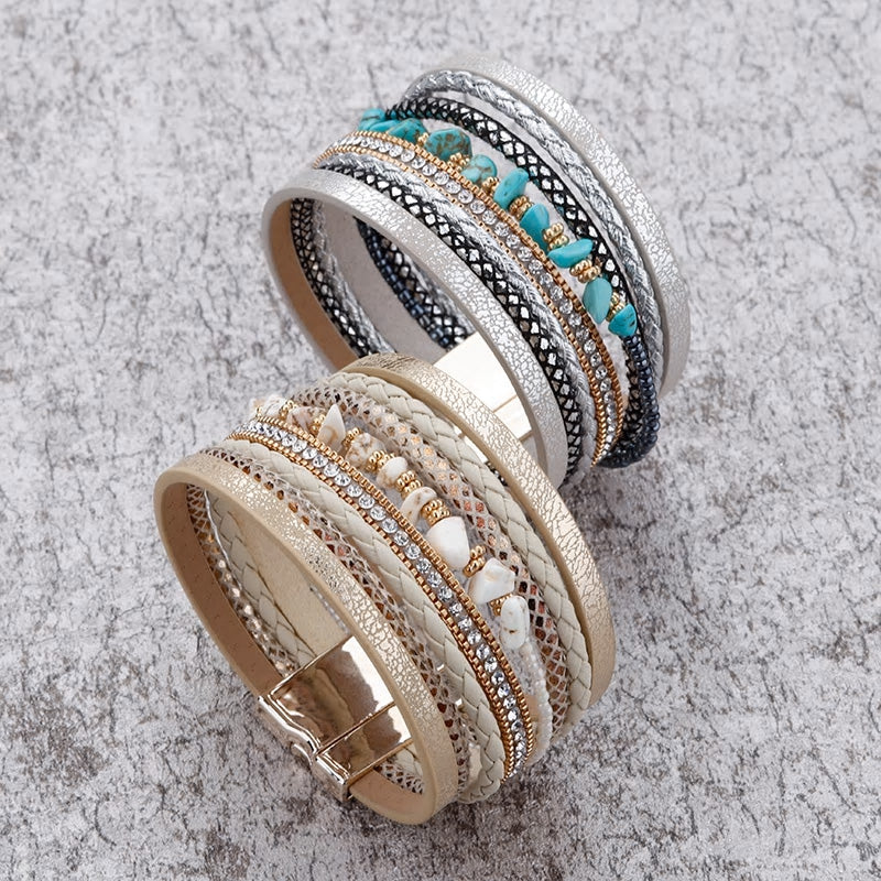 Leather Natural Stone & Cubic Zirconia Multilayer Bracelet