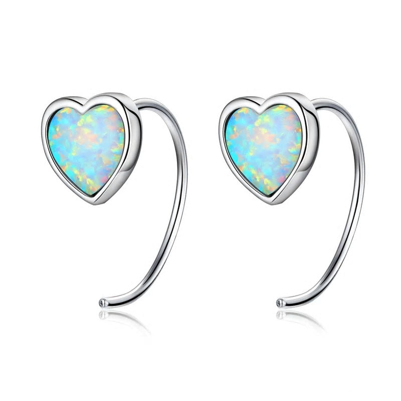 Sterling Silver Romantic Opal Heart Ear Spike Hypoallergenic Earrings