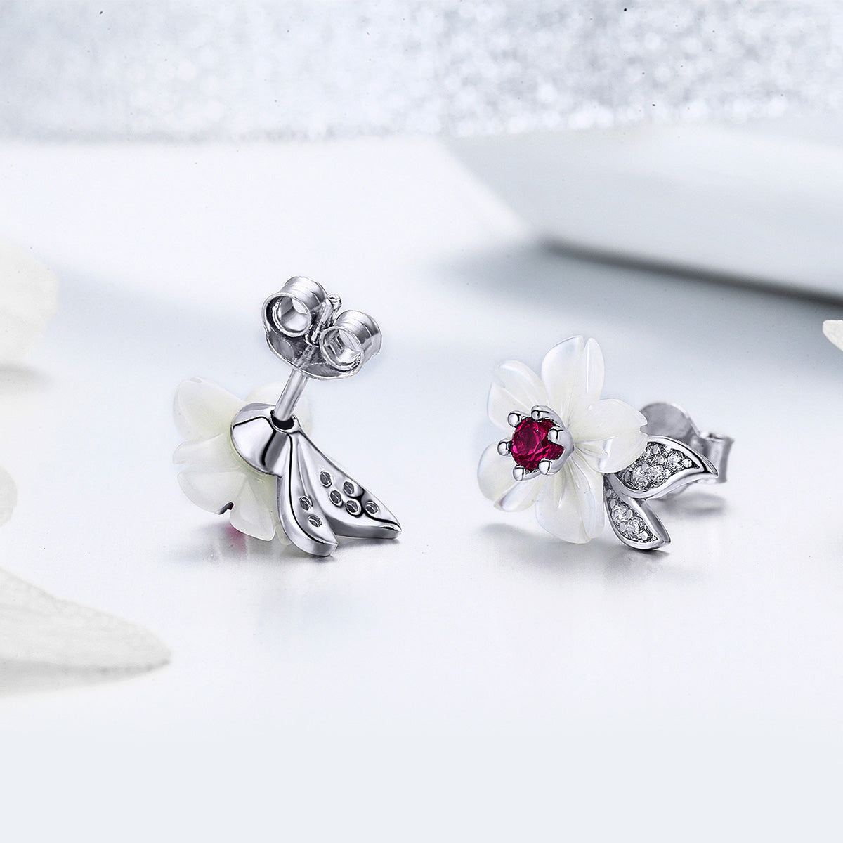 Sterling Silver White Vinca Flower Stud Hypoallergenic Earrings