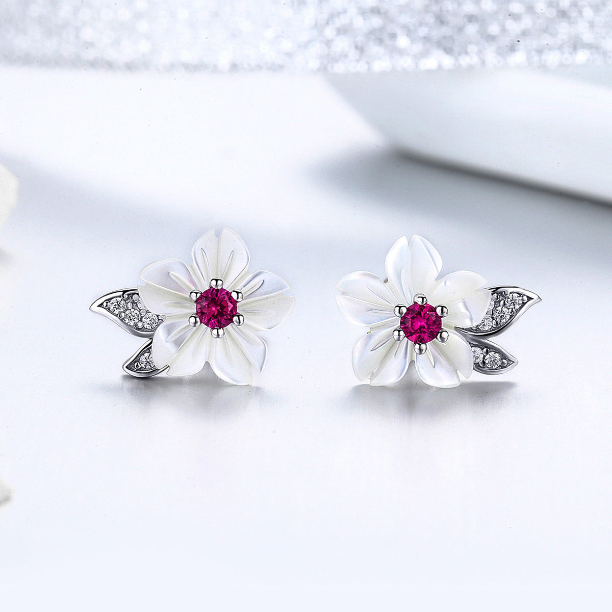Sterling Silver White Vinca Flower Stud Hypoallergenic Earrings