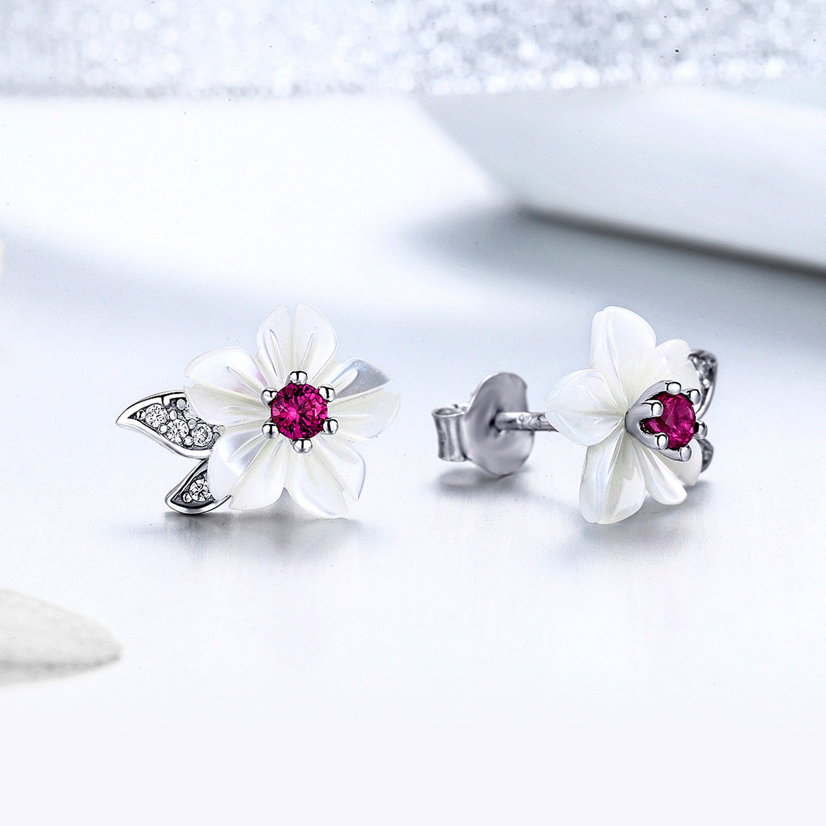 Sterling Silver White Vinca Flower Stud Hypoallergenic Earrings
